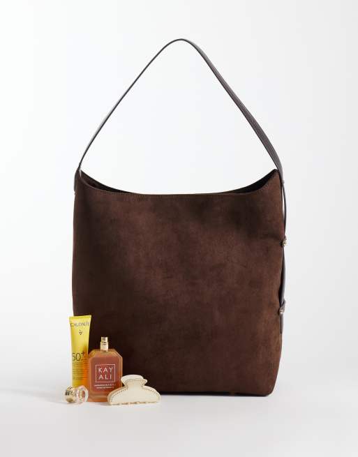 ASOS DESIGN oversized bucket tote tas van imitatiesuède in donkerbruin, 2 van 4