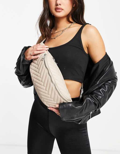 ASOS DESIGN oversized bum bag in beige quilt