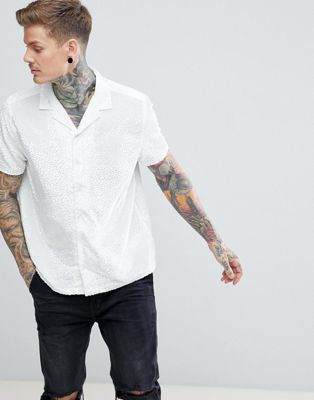 ASOS DESIGN - Oversized burn-out feestoverhemd met reverskraag in wit