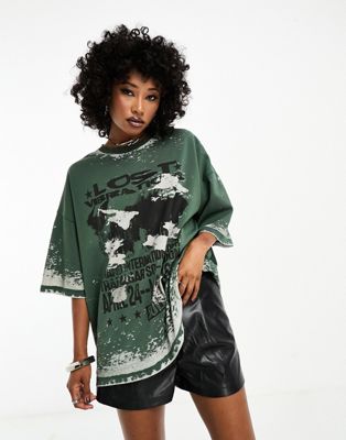 ASOS DESIGN oversized burnout t-shirt with lost vibrations graphic in green