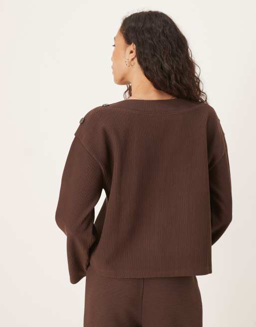 ASOS DESIGN oversized button detail long sleeve top in chocolate - part of a set, 3 of 4