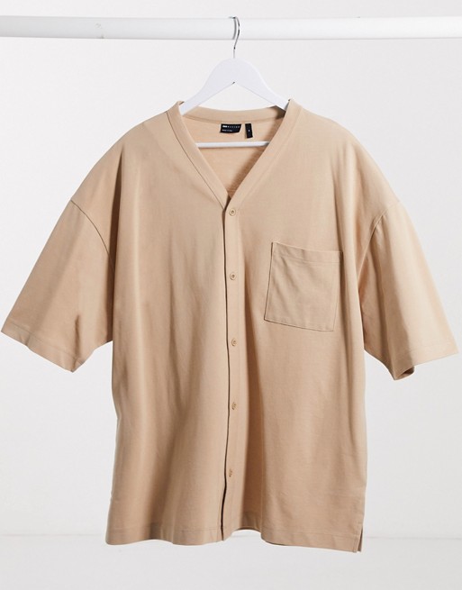 ASOS DESIGN oversized button through baseball shirt with pocket in beige