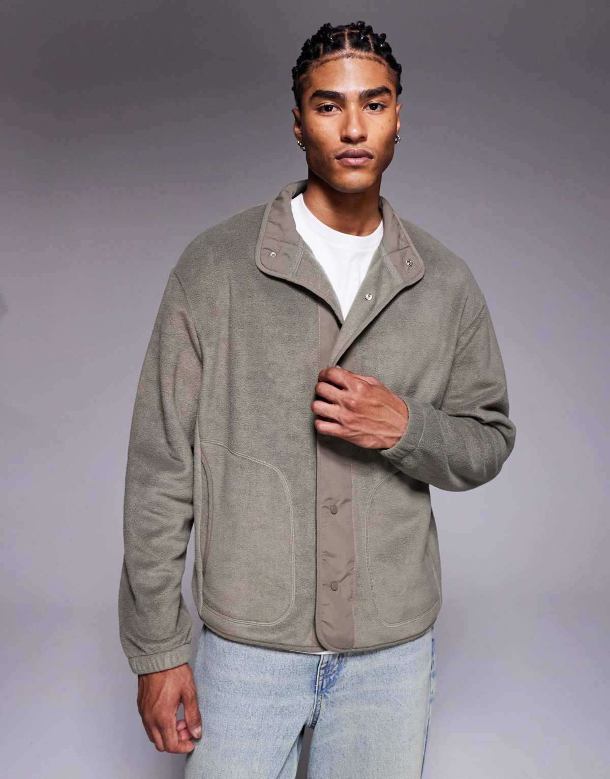 ASOS DESIGN oversized button through fleece jacket with nylon panelling in green