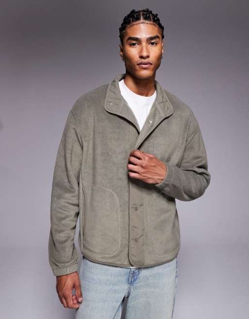 ASOS DESIGN oversized button-through fleece sweatshirt with nylon panelling in green