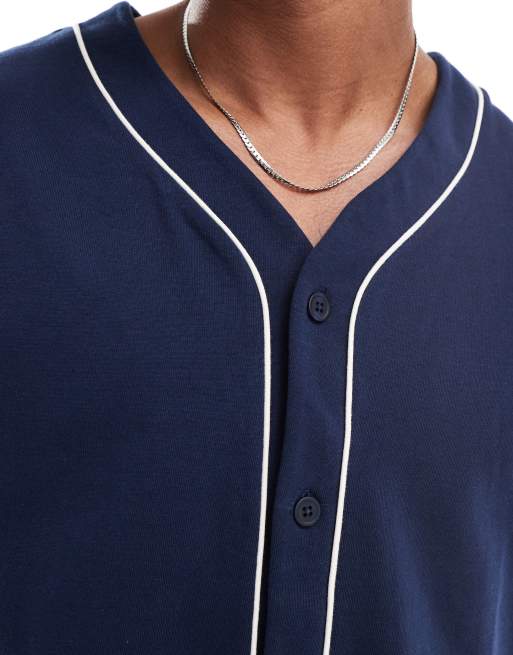 ASOS DESIGN oversized  button up baseball t-shirt with contrast piping in navy , 3 of 4