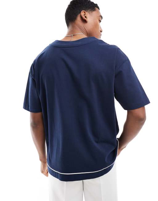 ASOS DESIGN oversized  button up baseball t-shirt with contrast piping in navy , 4 of 4