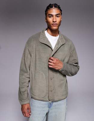 Asos Design Oversized Button Up Fleece Sweatshirt With Nylon Paneling In Gray