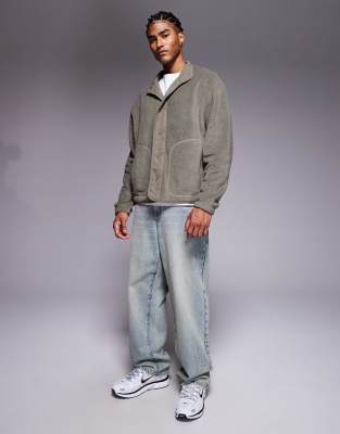 Asos Design Oversized Button Up Fleece Sweatshirt With Nylon Paneling In Gray