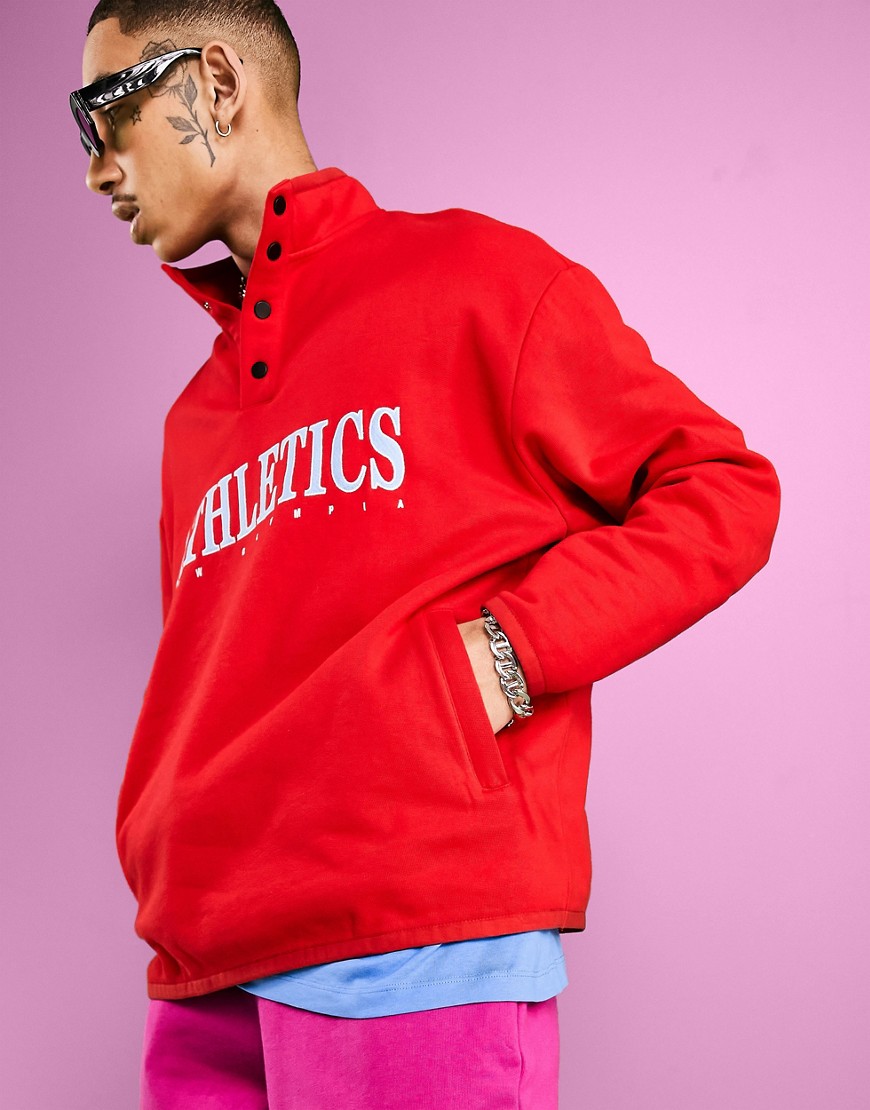 ASOS DESIGN oversized button up sweatshirt in red with vintage text print