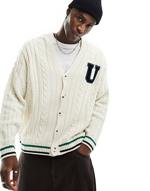 ASOS DESIGN oversized cable knit cardigan with badge in cream