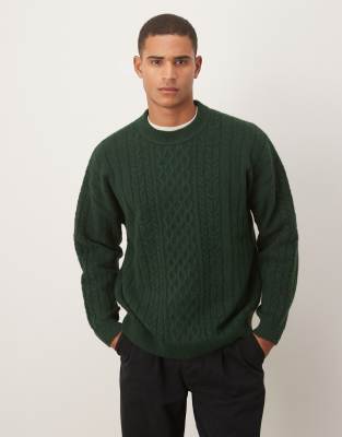 Asos Design Oversized Cable Knit Crew Neck Sweater In Green
