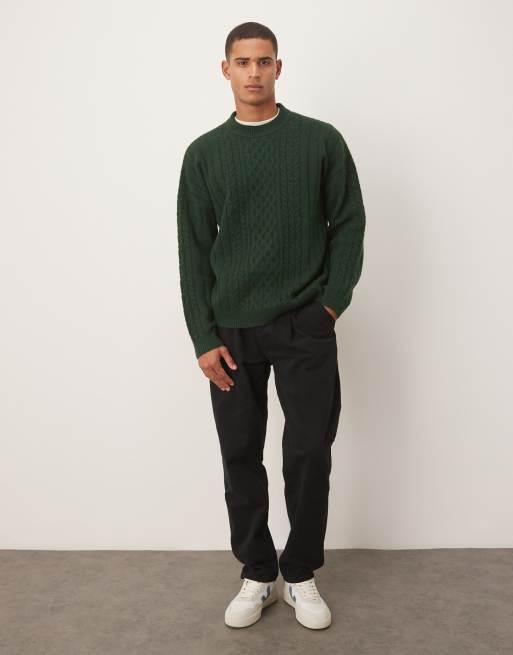 ASOS DESIGN oversized cable knit crew neck sweater in dark green