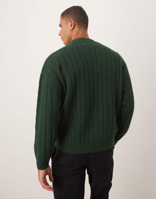 ASOS DESIGN oversized cable knit crew neck sweater in dark green