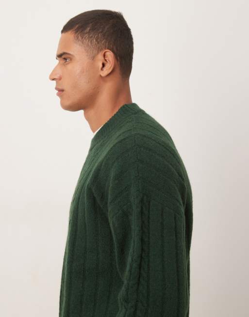 ASOS DESIGN oversized cable knit crew neck sweater in dark green