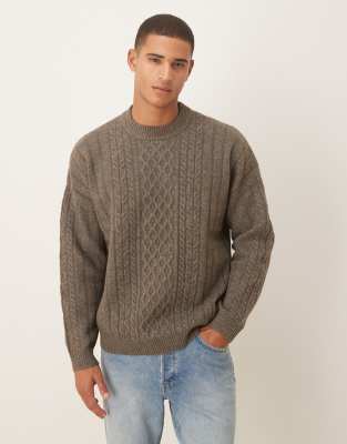 Asos Design Oversized Cable Knit Crew Neck Sweater In Brown