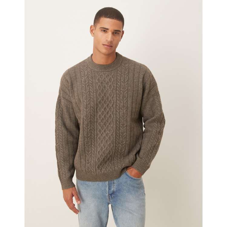 Cashmere Sweater Crew Neck Brown Cable Knit ASOS DESIGN