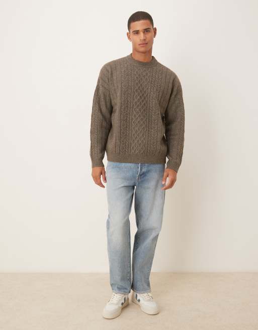 ASOS DESIGN oversized cable knit crew neck sweater in heathered brown