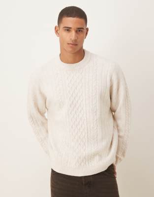 Asos Design Oversized Cable Knit Crew Neck Sweater In Neutral