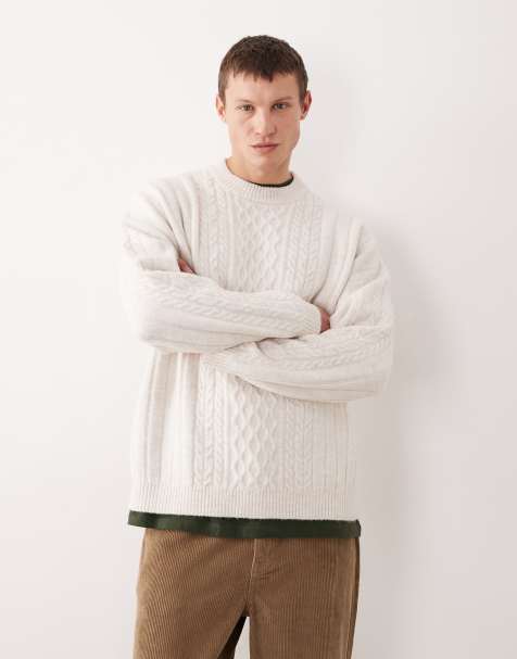 ASOS DESIGN oversized cable knit crew neck sweater in oatmeal - view 1