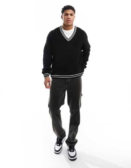 ASOS DESIGN oversized cable knit cricket jumper in black with white tipping