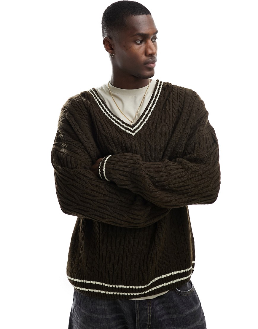 ASOS DESIGN oversized cable knit cricket jumper in brown with cream tipping