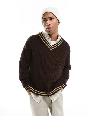 ASOS DESIGN oversized cable knit cricket jumper in brown with ecru tipping  ASOS