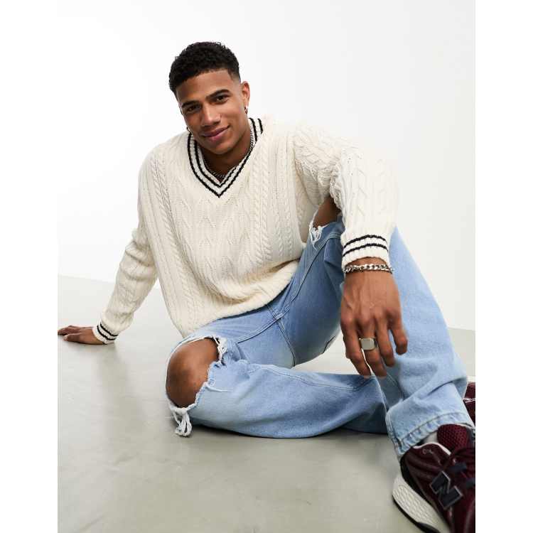 ASOS DESIGN oversized cable knit cricket jumper in cream navy tipping