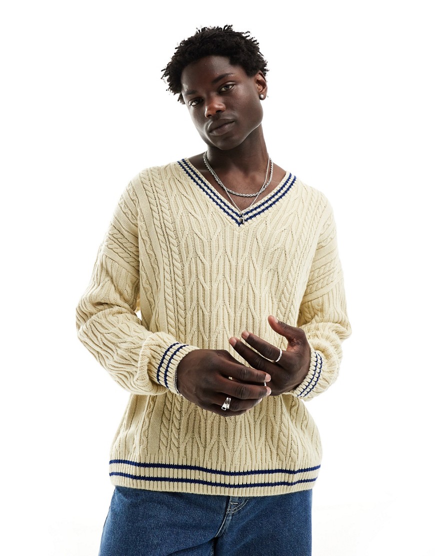 ASOS DESIGN oversized cable knit cricket jumper in cream & navy tipping-White