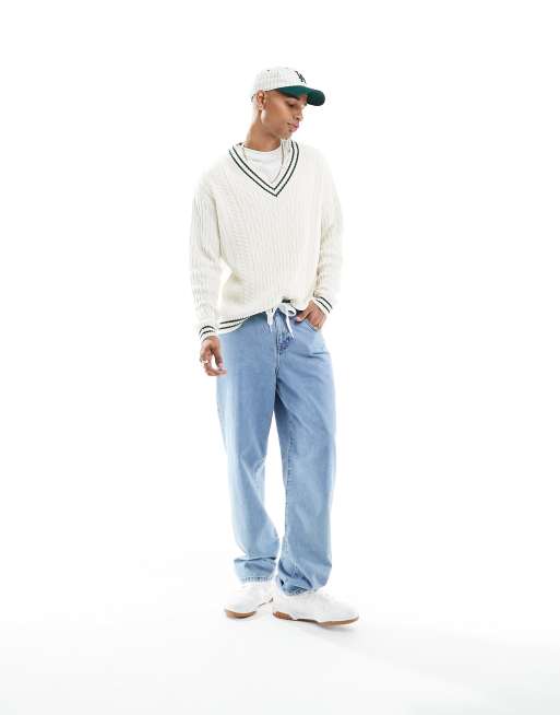 ASOS DESIGN oversized cable knit cricket jumper in cream with green tipping, 4 of 4