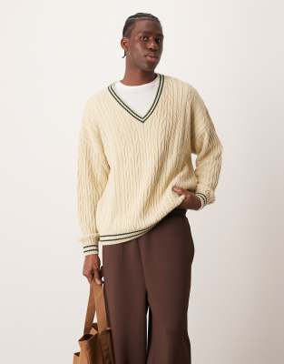 ASOS DESIGN ASOS DESIGN oversized cable knit cricket jumper in cream with green tipping-Neutral