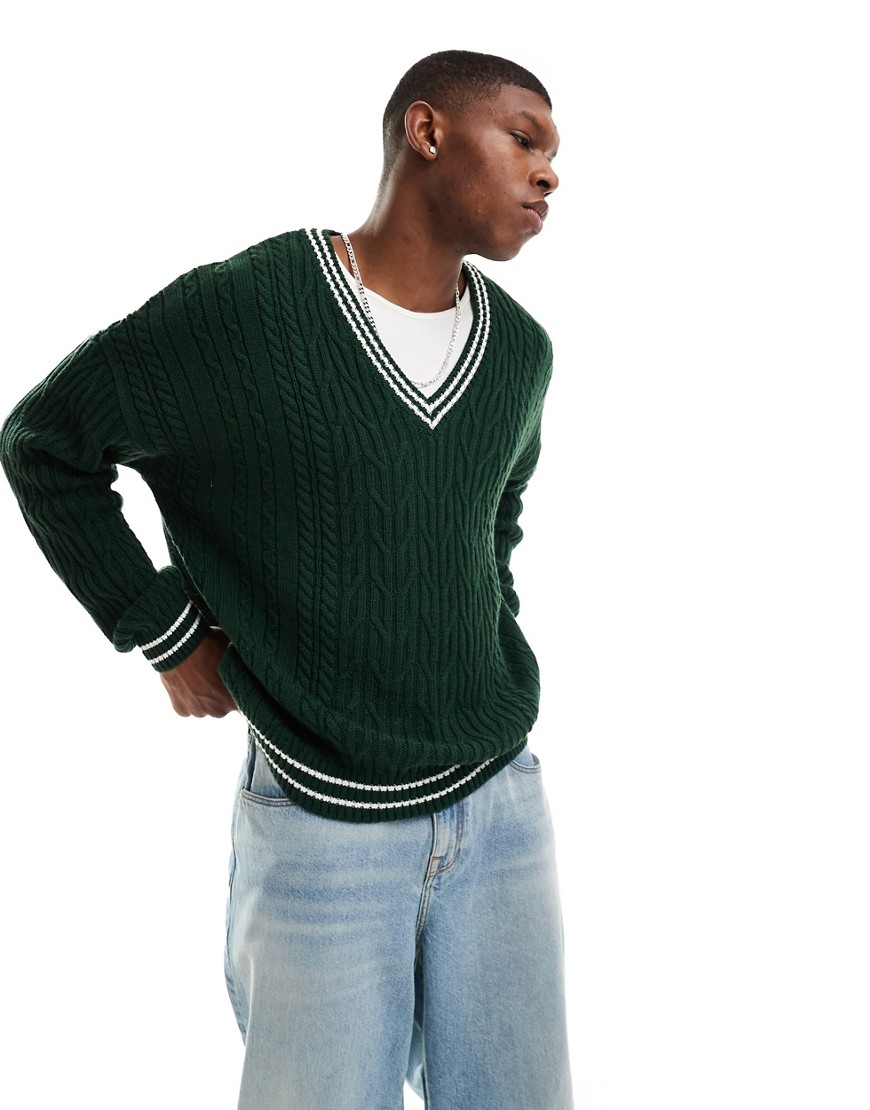 ASOS DESIGN oversized cable knit cricket jumper in green & white tipping