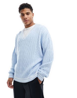 ASOS DESIGN oversized cable knit cricket jumper in light blue with white tipping