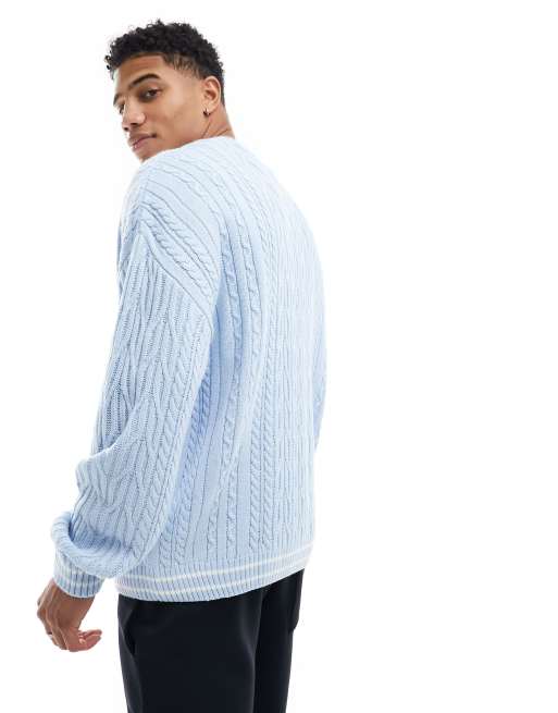 ASOS DESIGN oversized cable knit cricket jumper in light blue with white tipping, 4 of 4