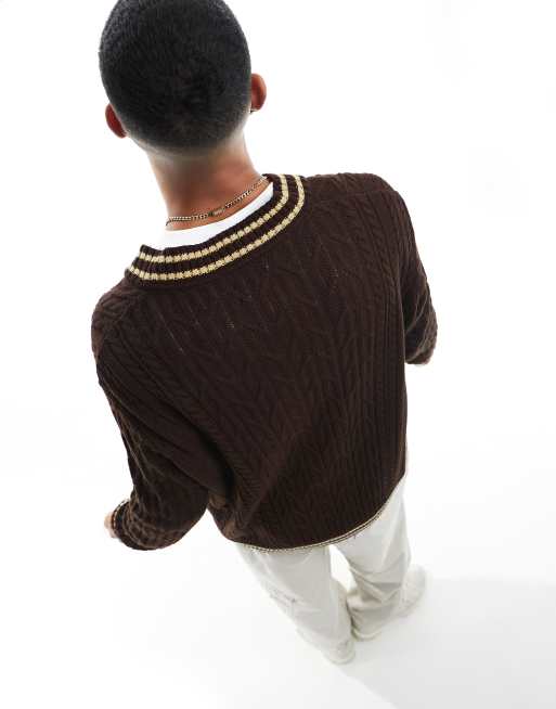 ASOS DESIGN oversized cable knit cricket sweater in brown with