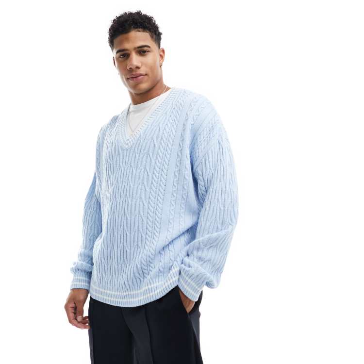 ASOS DESIGN oversized cable knit cricket sweater in light blue