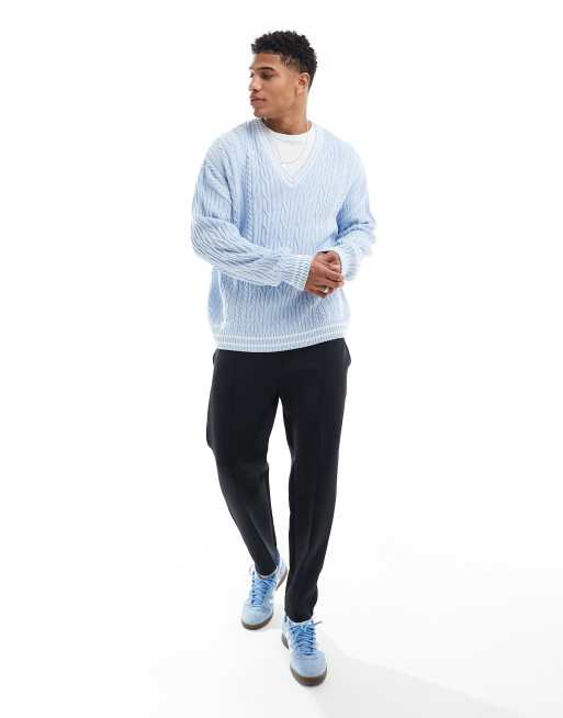 ASOS DESIGN oversized cable knit cricket sweater in light blue with white tipping, 2 of 4