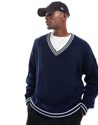 oversized cable knit cricket sweater in navy with white tipping