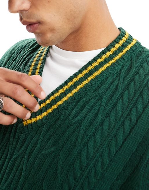 ASOS DESIGN oversized cable knit cricket tank in green & mustard tipping