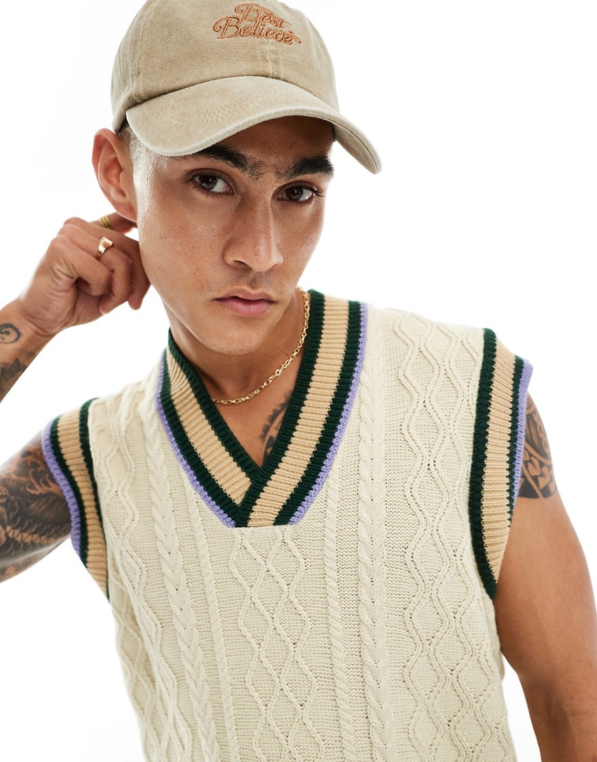 ASOS DESIGN oversized cable knit cricket tank in oatmeal with contrast tipping-Neutral