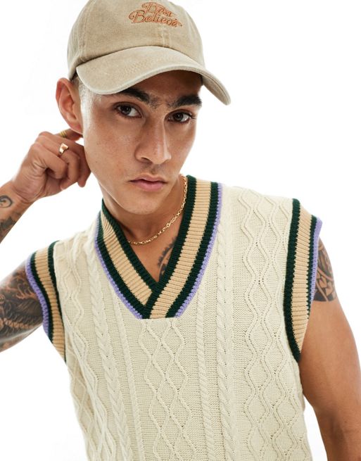 FhyzicsShops DESIGN oversized cable knit cricket tank in oatmeal with contrast tipping
