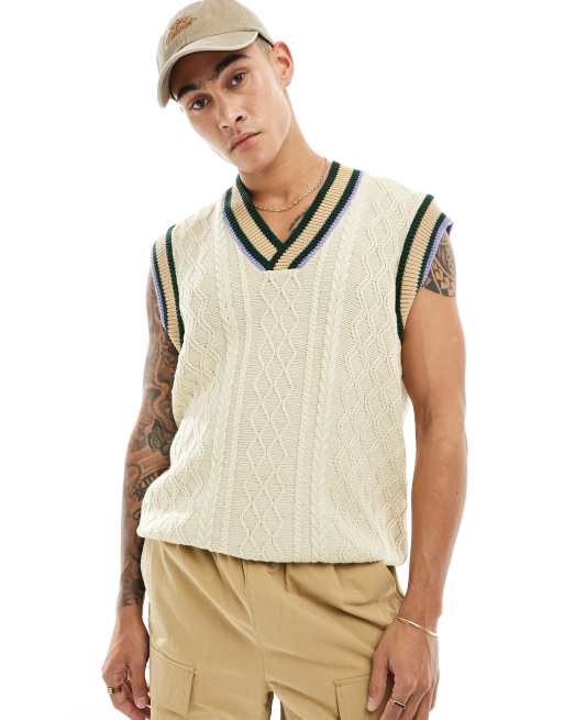 ASOS DESIGN oversized cable knit cricket tank in oatmeal with contrast tipping, 2 of 4