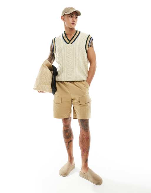 ASOS DESIGN oversized cable knit cricket tank in oatmeal with contrast tipping, 3 of 4