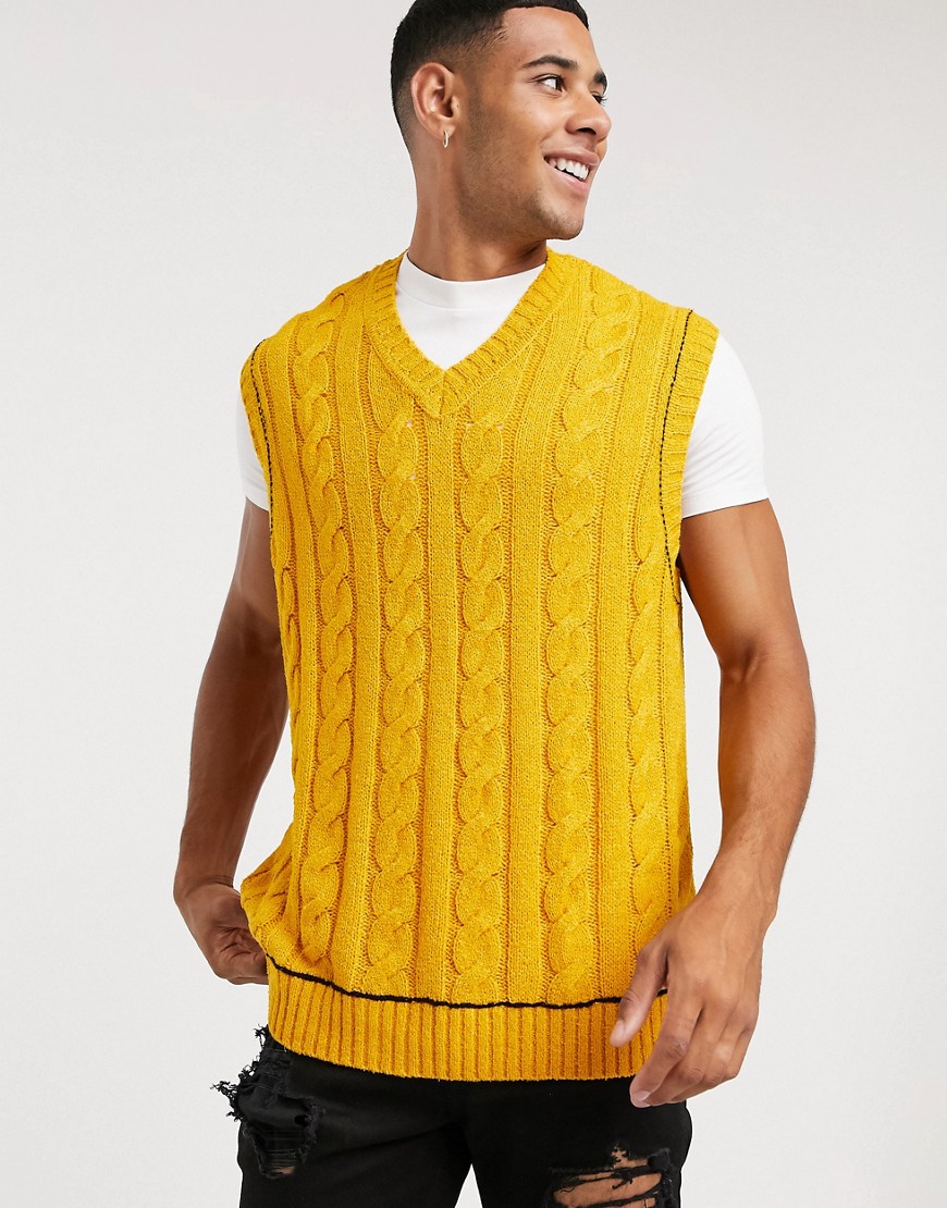 ASOS DESIGN oversized cable knit cricket vest in mustard-Yellow