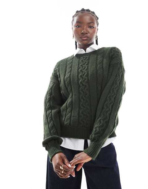 ASOS DESIGN oversized cable knit jumper in forest green - view 1