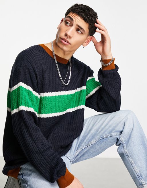 ASOS DESIGN oversized cable knit jumper with chest stripe | ASOS