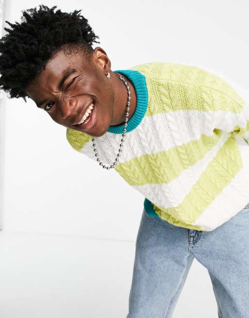 ASOS DESIGN oversized cable knit jumper with lime stripes