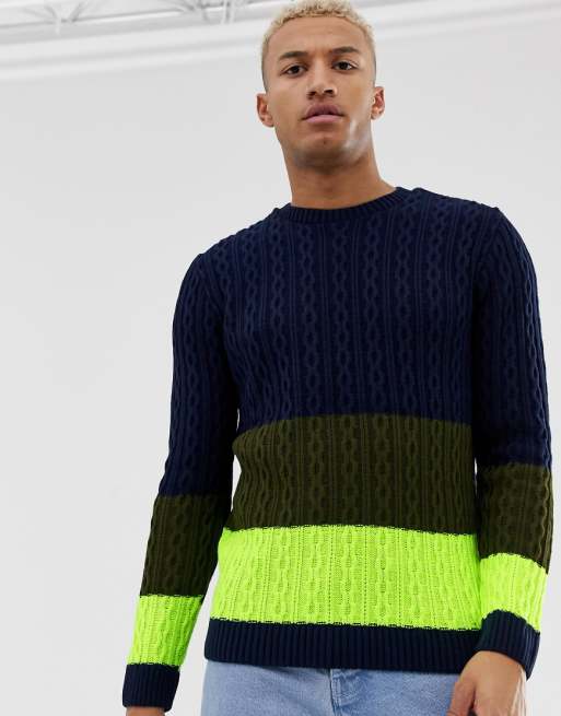ASOS DESIGN oversized cable knit jumper with neon panel ASOS DESIGN oversized cable knit jumper with neon panel