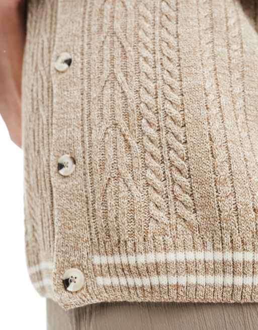 ASOS DESIGN oversized cable knit sleeveless cricket cardigan tank in tan, 2 of 4