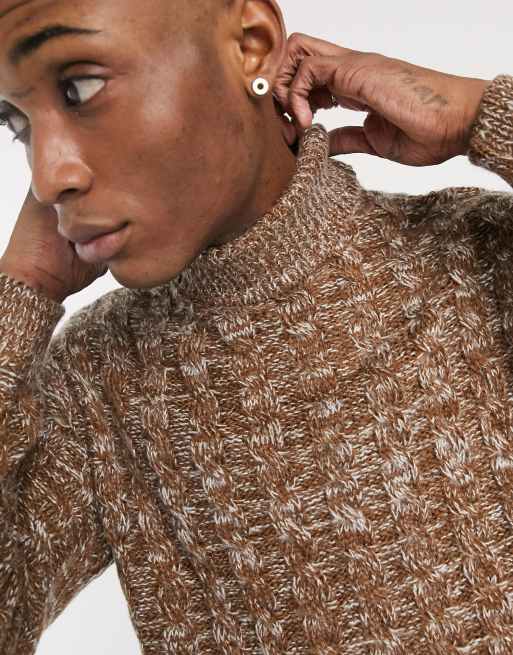 ASOS DESIGN cable knit roll neck sweater in brown