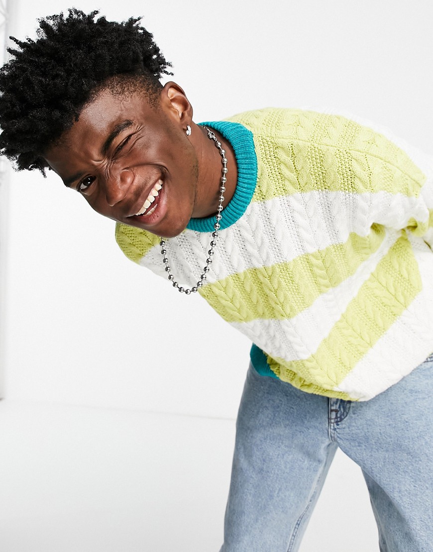 ASOS DESIGN oversized cable knit sweater with lime stripes-Green